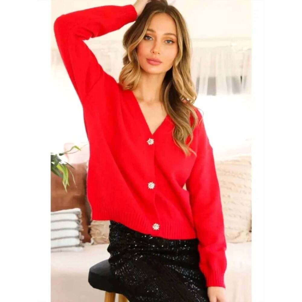 NEW VINE & LOVE v-neck jeweled button accent cardigan in red